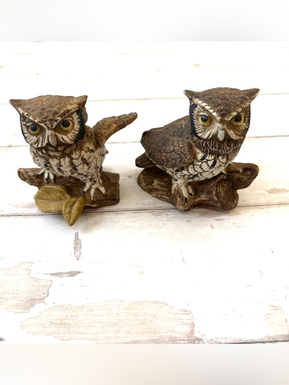 Barn Owls Ceramic Figurine Set Of 2 Brown Sitting on Branch 5in Tall